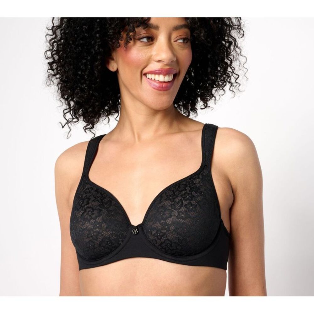 Breezies Women's Bra Sz 34DD Lace Elegance Smooth Underwire T-Shirt Black